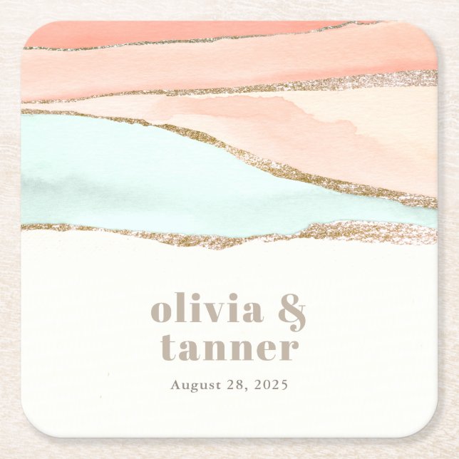 Posavasos Cuadrado De Papel Boda artístico de acuarela costera abstracta (Anverso)