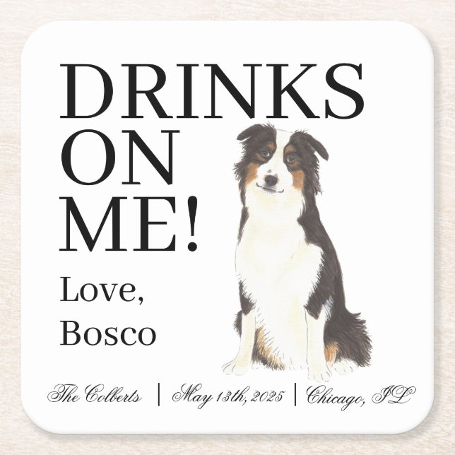 Posavasos Cuadrado De Papel Boda Aussie Australian Shepherd (Anverso)