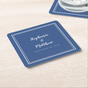 Posavasos Cuadrado De Papel Boda Azul Blanco Simple Moderno Minimalista Fiesta