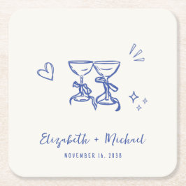 Posavasos Cuadrado De Papel Boda Azul Crema Caprichosa Dibujada a Mano