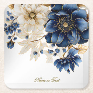 Posavasos Cuadrado De Papel Boda Azul Marino Blanco Dorado Floral Plata