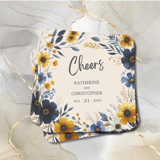 Posavasos Cuadrado De Papel Boda beige elegante con flores silvestres de agua (Cheers Wildflowers Wedding Coaster with Blue and Yellow Wildflowers, wedding info.)