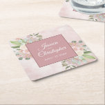 Posavasos Cuadrado De Papel Boda bohemio floral de color rosa ruso<br><div class="desc">Estas hermosas galletitas bodas presentan un diseño floral de acuarela pintado a mano con bonitos colores de primavera pastel como el coral, el rosa rubor, el melocotón y el malva sobre un fondo de rosa polvoriento y de mármol. Las flores, los rosas y las flores se entremezclan con hojas de...</div>