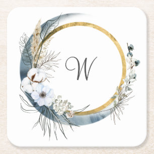Posavasos Cuadrado De Papel Boda Boho Monograma Floral Oro Blanco Azul