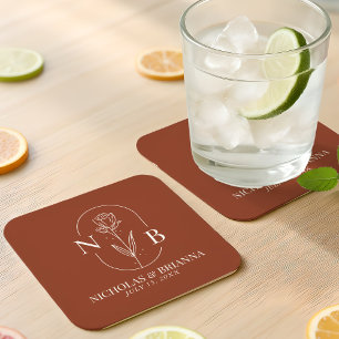 Posavasos Cuadrado De Papel Boda Boho Terracota Naranja Quemada Monograma