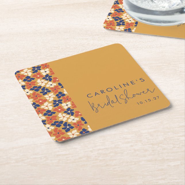 Posavasos Cuadrado De Papel Boda Botánica Boho Mostaza Azul Personalizada (En perspectiva)