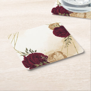 Posavasos Cuadrado De Papel Boda botánica de color granate verde beige dorado