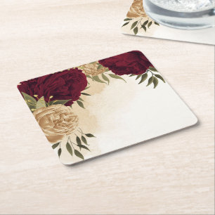 Posavasos Cuadrado De Papel Boda botánica de color granate verde beige dorado