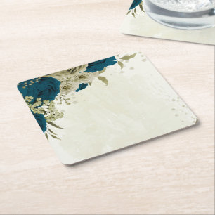 Posavasos Cuadrado De Papel boda botánica floral beige azul teal