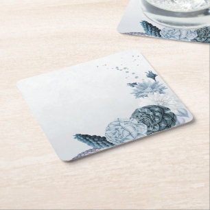 Posavasos Cuadrado De Papel boda botánico de flores azules polvorientas marina