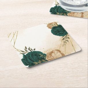 Posavasos Cuadrado De Papel Boda botánico de oro beige verde esmeralda