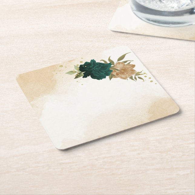 Posavasos Cuadrado De Papel Boda botánico de oro beige verde esmeralda (En perspectiva)
