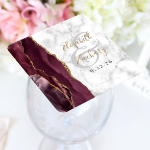 Posavasos Cuadrado De Papel Boda Burgundy Agate Mármol Dorado Script