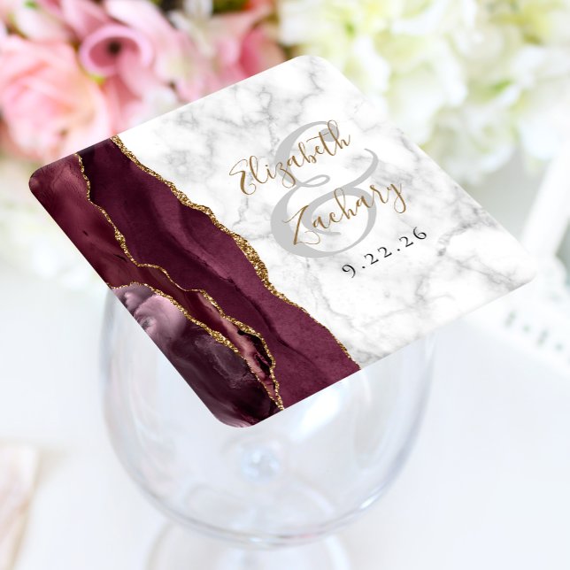 Posavasos Cuadrado De Papel Boda Burgundy Agate Mármol Dorado Script (Subido por el creador)