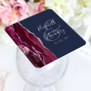 Posavasos Cuadrado De Papel Boda Burgundy Agate Script Plata Azul Marino