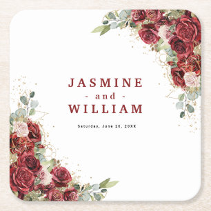 Posavasos Cuadrado De Papel Boda Burgundy Floral Gold