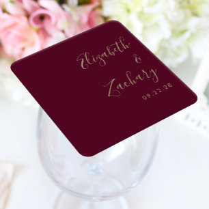 Posavasos Cuadrado De Papel Boda Burgundy Oro Script Moderno