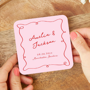 Posavasos Cuadrado De Papel Boda caprichosa dibujada a mano rosa y roja