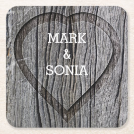 Posavasos Cuadrado De Papel Boda cardíaco esculpido de madera