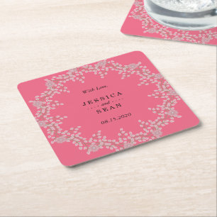 Posavasos Cuadrado De Papel Boda Chic Pink Floral y Perlas