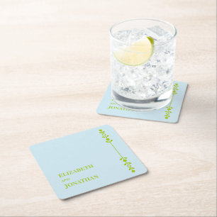 Posavasos Cuadrado De Papel Boda Citrus Verde y Azul Costero
