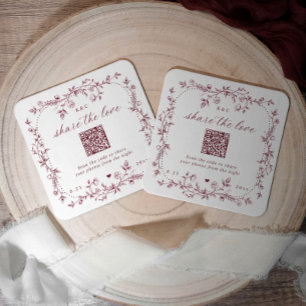 Posavasos Cuadrado De Papel Boda Código QR Floral Francesa Borgoña Rojo Oscuro