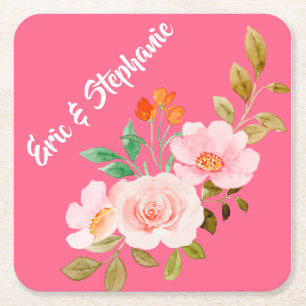 Posavasos Cuadrado De Papel Boda con Acuarela Floral Naranja Rosa