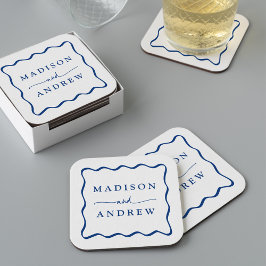 Posavasos Cuadrado De Papel Boda con marco ondulado azul moderno