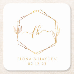 Posavasos Cuadrado De Papel Boda con Monograma Elegante Minimalista Blanco y D