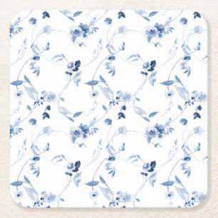 Posavasos Cuadrado De Papel Boda con patrón floral de acuarela azul polvorient