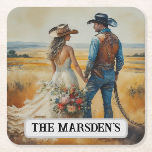 Posavasos Cuadrado De Papel Boda Country Western Acuarela