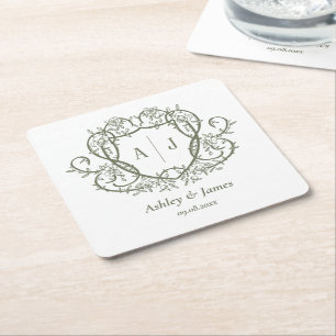Posavasos Cuadrado De Papel Boda Cresta Monograma de Salvia Rosa Trepadora