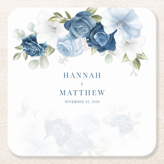 Posavasos Cuadrado De Papel Boda de acuarela Dusty Blue Floral Eucalyptus (Anverso)