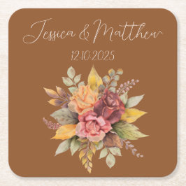 Posavasos Cuadrado De Papel Boda de Acuarela Otoño Terracota Rústica