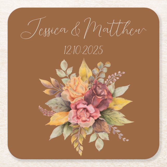 Posavasos Cuadrado De Papel Boda de Acuarela Otoño Terracota Rústica (Anverso)