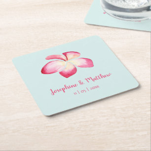 Posavasos Cuadrado De Papel Boda de acuarela rosa plumeria tropical
