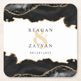 Posavasos Cuadrado De Papel Boda De Agentes De Mármol Negro Y Oro