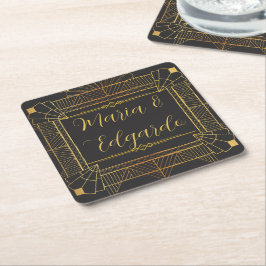 Posavasos Cuadrado De Papel Boda de Art Deco Vintage Black & Gold