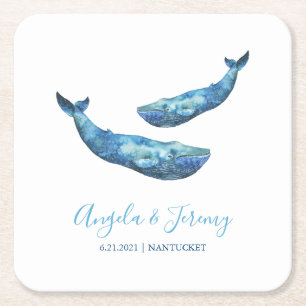 Posavasos Cuadrado De Papel Boda de ballena azul acuarela