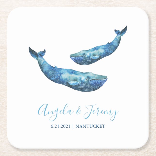 Posavasos Cuadrado De Papel Boda de ballena azul acuarela (Anverso)