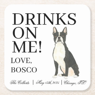 Posavasos Cuadrado De Papel Boda de Boston Terrier