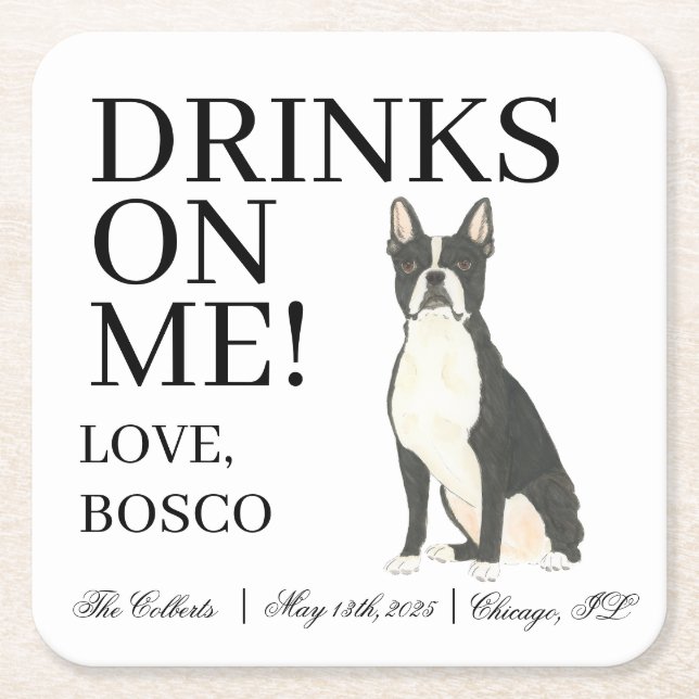 Posavasos Cuadrado De Papel Boda de Boston Terrier (Anverso)