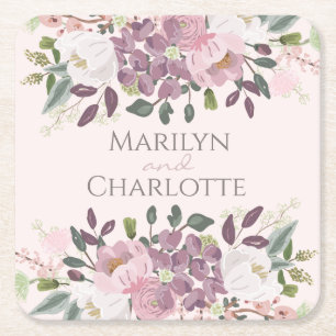 Posavasos Cuadrado De Papel Boda de Bouquet floral de primavera rosa