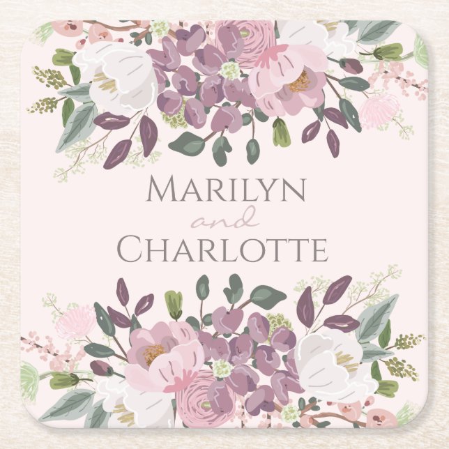 Posavasos Cuadrado De Papel Boda de Bouquet floral de primavera rosa (Anverso)