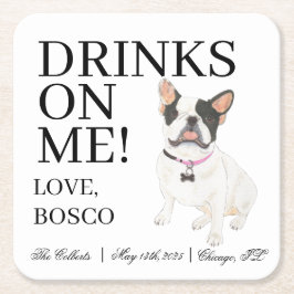 Posavasos Cuadrado De Papel Boda de Bulldog francés de color blanco negro