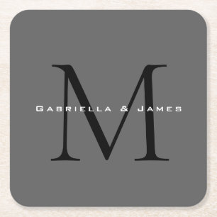 Posavasos Cuadrado De Papel Boda de caligrafía gris negro monogramado