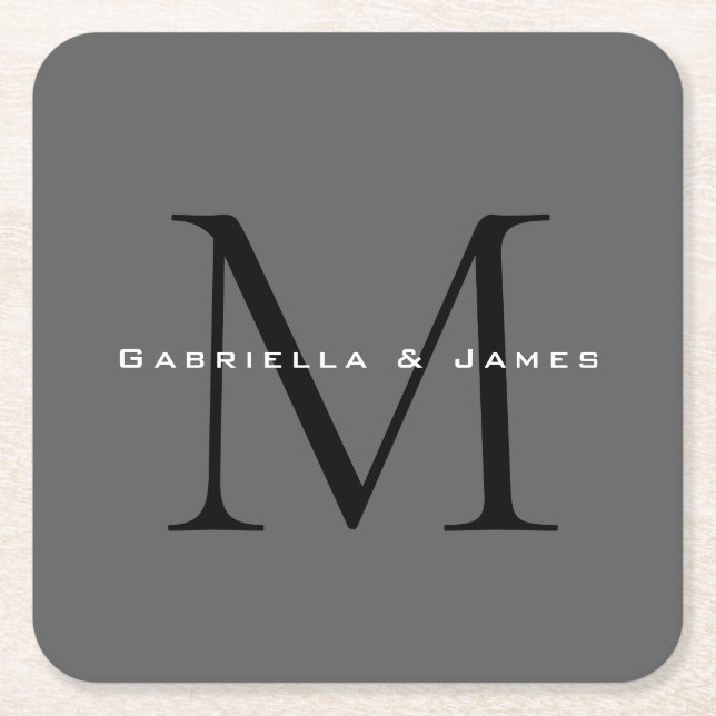 Posavasos Cuadrado De Papel Boda de caligrafía gris negro monogramado (Anverso)