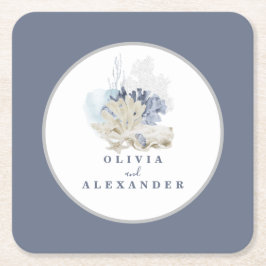 Posavasos Cuadrado De Papel Boda de conchas azules de la playa costera
