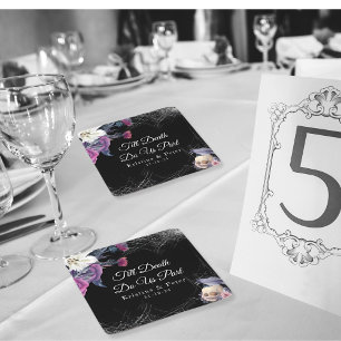 Posavasos Cuadrado De Papel Boda de cráneo floral gótico negro púrpura elegant