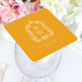 Posavasos Cuadrado De Papel Boda de cresta de monograma vintage amarillo marig
